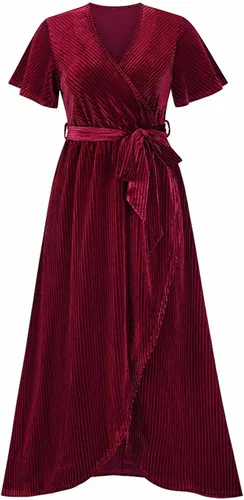 Vista 7 de Vestido de fiesta de terciopelo acanalado para mujer, cuello en V, manga corta, lazo en la cintura, fiesta de noche, longitud al suelo, vestido