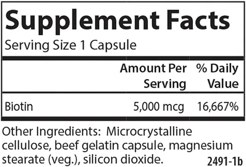 Vista 4 de Carlson - Biotina, 5000 mcg, cabello saludable, uñas fuertes y producción de energía, 50 cápsulas
