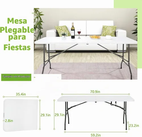 Vista 3 de Mesa plegable de 6 pies de plástico portátil para exteriores, mesa de camping multiusos rectangular plegable con asa, candado para picnic, fiesta