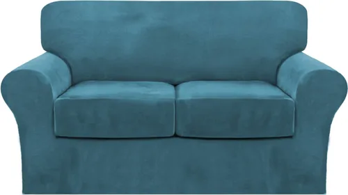 Vista 19 de FantasDecor Fundas de terciopelo para sofá de 2 piezas para sala, con cojín individual, protector elástico de muebles para mascotas, lavable a Negro