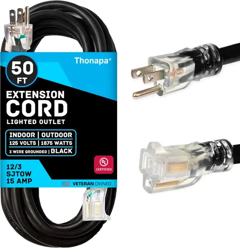 Vista 12 de Thonapa Cable de extensión de calibre 12 de 6 pies para exteriores, resistente 12/3, extremo iluminado SJTW Cable negro, 3 clavijas, enchufe a