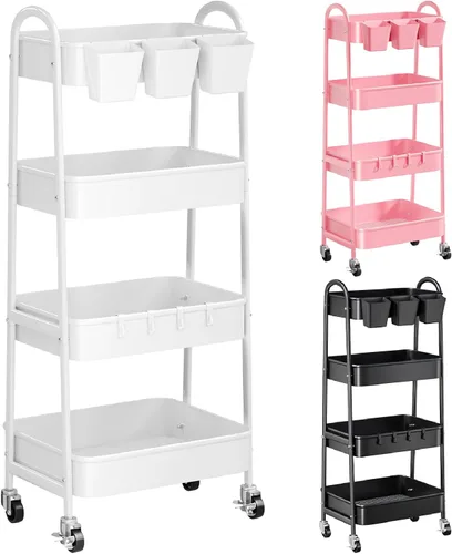 Vista 17 de Carrito rodante de 3 niveles de metal gris, carrito de almacenamiento de malla con asa y ruedas con cerradura, carritos organizadores