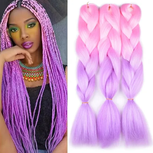 Vista 8 de BACANA Extensiones de cabello para trenzar en 4 tonos, degradado verde y rosa, extensiones de cabello colorido para trenzar, trenzas para niños
