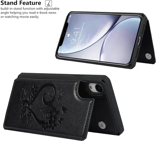 Vista 6 de iCoverCase Funda compatible con iPhone XR con tarjetero para mujer, con bloqueo RFID en relieve, de piel sintética, con correa de muñeca