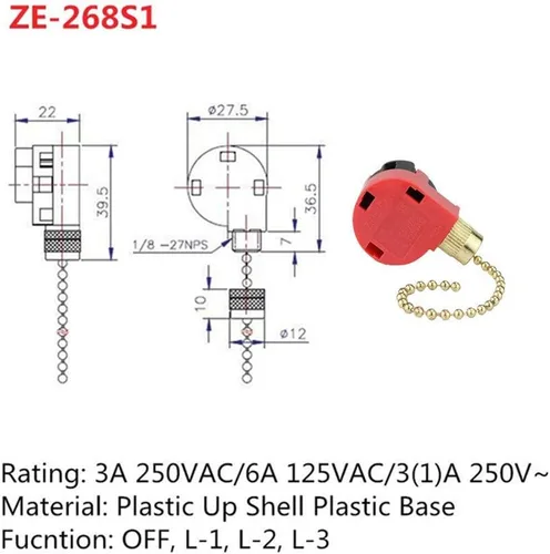 Vista 2 de ZE-268S1 - Interruptor de ventilador de techo Zing Ear 3 velocidades 4 cables de control de cadena de repuesto para ventiladores, lámparas de pared