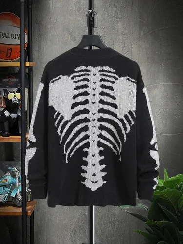 Vista 2 de SHENHE Cárdigan de manga larga con estampado de esqueleto para hombre, cuello en V, con botones
