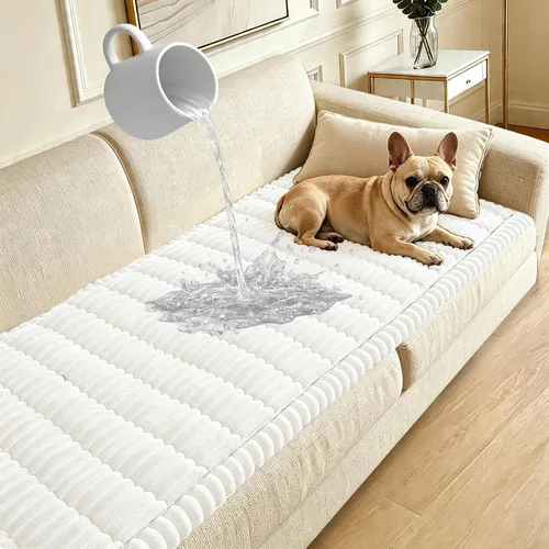 Vista 17 de Funda para sofá para perros lavable, fundas para sofá de 3 cojines no deslizantes, duraderas y peludas, funda para sofá apta para mascotas, Beige