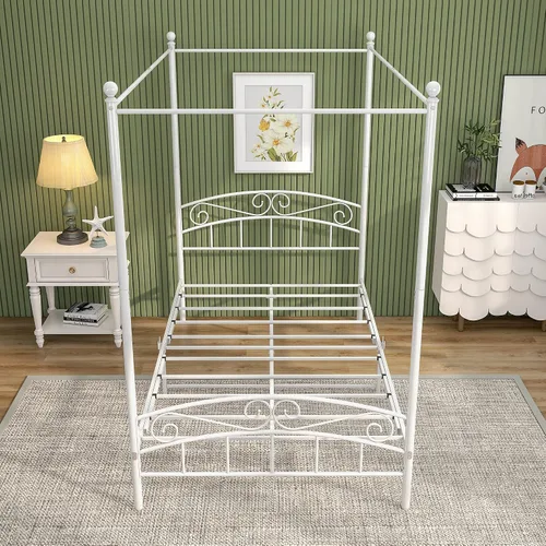 Vista 5 de Marco de cama con dosel de metal, con cuatro pósteres, matrimonial, color blanco