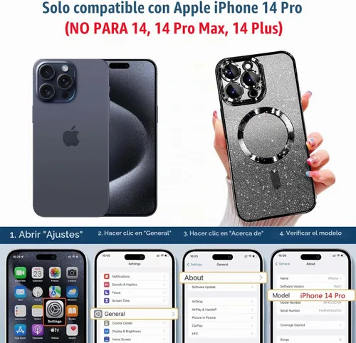 Vista 2 de Misscase Funda magnética compatible con iPhone 14 Pro con purpurina y protector de lente de cámara, protección completa, compatible con MagSafe Negro
