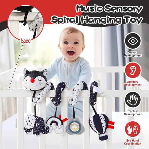 Vista 2 de Jollybaby Cochecito de cuna, juguete de asiento de automóvil para bebé de 0-3-6-9-12 meses, juguetes sensoriales colgantes para recién nacido