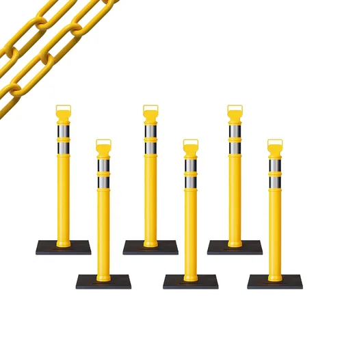 Vista 18 de CCW 6-Pack 45" Delineador Post Kit Kit de 3.0 in collares reflectantes, base de goma de 10 lb (6 postes blancos con cadena negra de 50 pies)