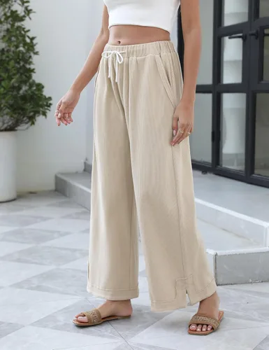 Vista 3 de Athlisan Pantalones Palazzo Holgados de Pierna Ancha para Mujer Casuales Sueltos con Cordón Cintura Elástica Pantalones de Descanso con Bolsillos