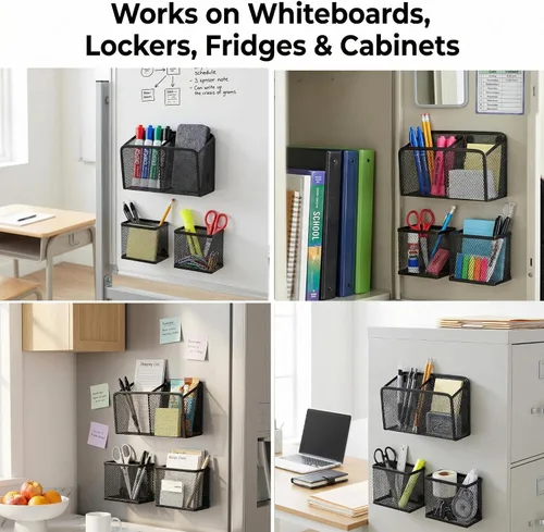 Vista 4 de Neudeco Organizador de estante para casillero, soporte magnético para lápices, cesta de almacenamiento de metal para pizarra blanca, refrigerador