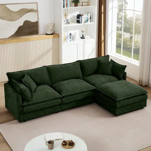Vista 15 de Sofá modular beige en forma de L, moderno sofá convertible en forma de L de 3 plazas de chenilla suave, cómodo tapizado con juego otomano extraíble