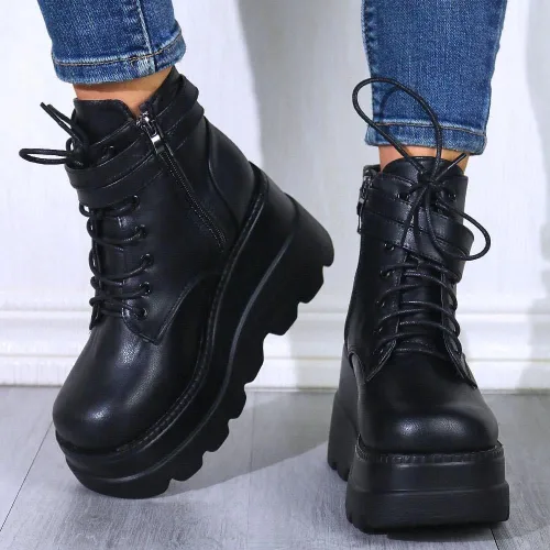 Vista 3 de UOQAPRE Botas de combate de tacón alto para mujer, con puntera cuadrada, con cordones, botines de plataforma gruesa con plataforma gruesa
