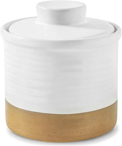 Vista 10 de HASENSE Vajilla de mantequilla de cerámica con tapa, plato de mantequilla para encimera con línea de agua, contenedor francés de mantequilla