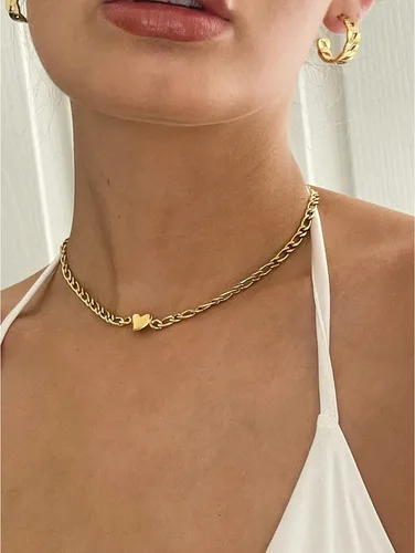 Vista 2 de FYXOTI Gargantilla de corazón de oro para mujer, collar chapado en oro grueso de 18 quilates, collar de acero inoxidable con forma de corazón