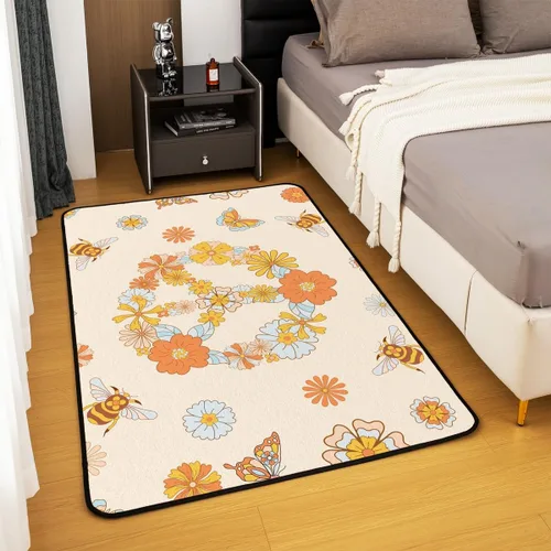 Vista 4 de jejeloiu Hippie Peace Art Living Room Rugs Retro Hippie Flower Area Rug for Kids Boys Teens Butterfly Bee Peace Sign Artwork 60S 70S Groovy Floral