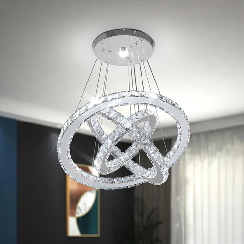 Vista 8 de CLAIRDAI Candelabros de Cristal Modernos Ajustables de Cristal de 3 Anillos Lámpara de Techo LED Candelabros LED para Comedor Dormitorio Sala