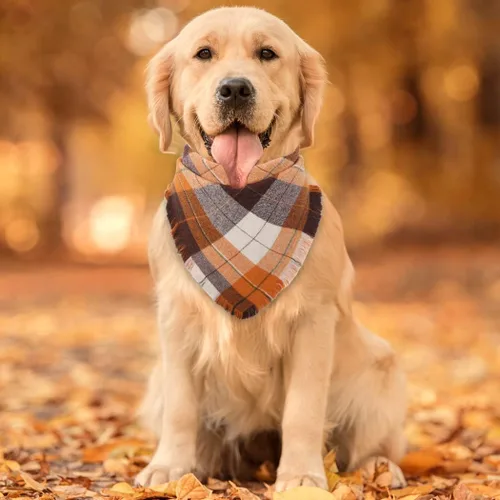 Vista 4 de Bandana de otoño para perro, otoño, Acción de Gracias, a cuadros, reversible, triangular, bufanda, accesorios para perros y mascotas