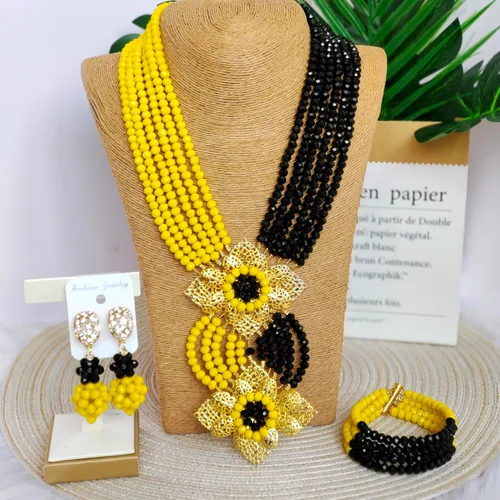 Vista 3 de Collar de cuentas africanas de moda, cuentas nigerianas, conjuntos de joyas de boda para mujer (amarillo opaco negro), vidrio, cristal de vidrio