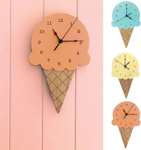 Vista 2 de AkoMatial Reloj de pared silencioso con forma de helado de madera, sala de estar, oficina, decoración de dormitorio para niños