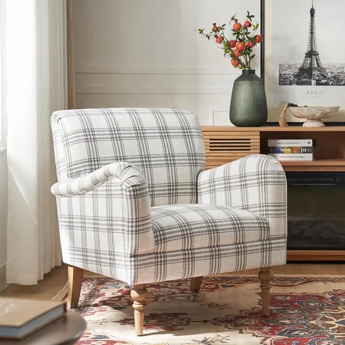 Vista 10 de HULALA HOME Farmhouse Accent Chair with Plaid Pattern, Black Negro