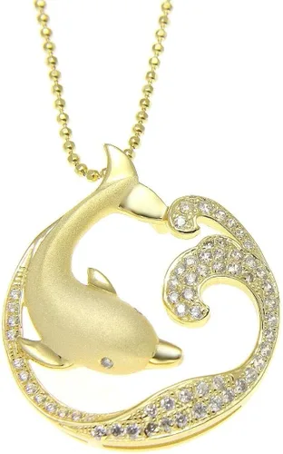Vista 3 de Plata de Ley Maciza 925amarillo chapado en oro hawaiano de delfín Ocean Wave Slide CZ colgante