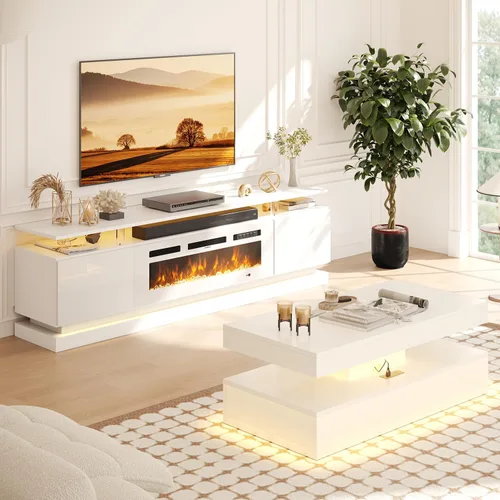 Vista 21 de 2 Piece Modern Table Set Includes 70" Fireplace TV Stand & 47" Coffee Table with Charging Station and USB Ports, for Living Room, Black