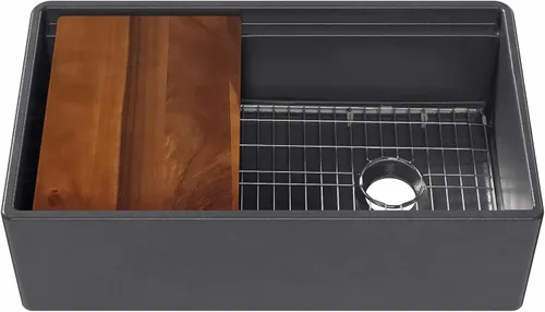 Vista 12 de Whitehaus Reversible Single Bowl Fireclay Sink Set with Smooth Front Apron, Walnut Wood Cutting Board and Stainless Steel Grid (Dark Gray, 27" x 19")