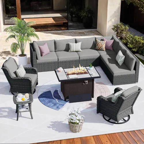Vista 26 de HOOOWOOO Juego de sofá modular para patio al aire libre, 7 piezas en forma de U, juego de sofá de mimbre rústico para 6 personas, juego de Beige