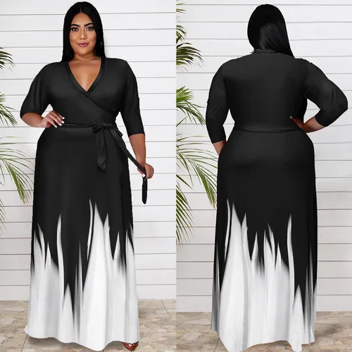 Vista 4 de Runwind - Vestidos largos de talla extragrande para mujer, con estampado floral, sueltos, manga 34 y cinturón