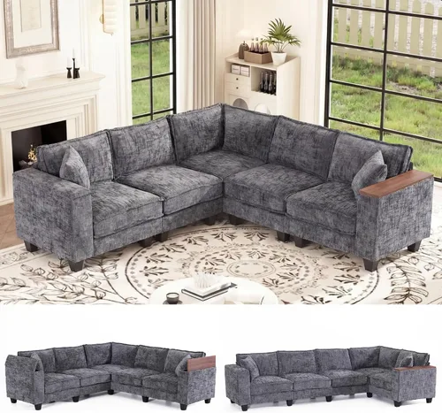 Vista 22 de Sofá seccional modular de 97 pulgadas con 5 asientos, sofá cómodo convertible en forma de L con almacenamiento en reposabrazos y dos almohadas
