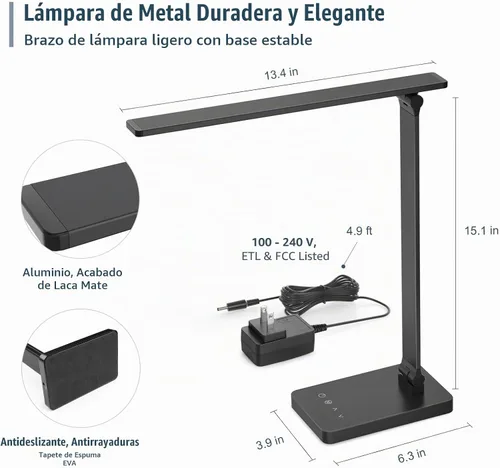 Vista 8 de Lámpara de escritorio LED Lepro con puerto de carga USB, lámpara de mesa regulable para el hogar y la oficina con control táctil para lectura, 650