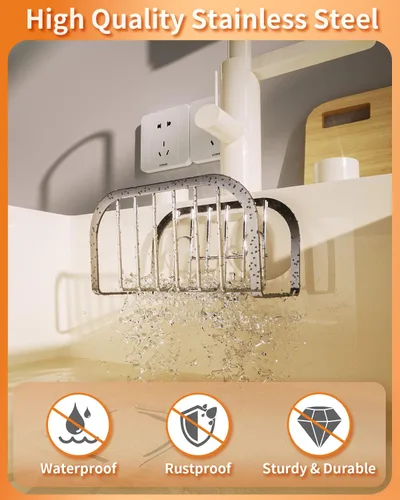 Vista 4 de SWTYMIKI Soporte de esponja para fregadero de cocina, soporte de esponja de fregadero móvil con ventosas de acero inoxidable para fregadero de acero