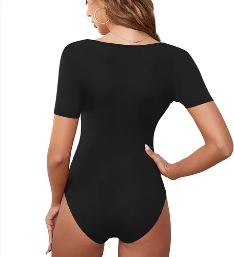 Vista 2 de JUEYUN Body de manga corta con cuello cuadrado para mujer, ajustado, sexy, básico