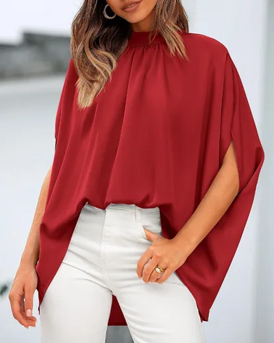 Vista 23 de BTFBM Blusas de verano para mujer, cuello alto falso, manga murciélago, holgadas, dobladillo alto y bajo, blusas informales de gran