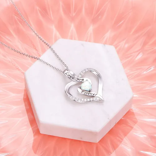 Vista 6 de Collar de corazón de ópalo para mujeres y niñas, joyería de plata de ley 925, colgante de medallón grabado con texto en inglés "I Love You", regalos