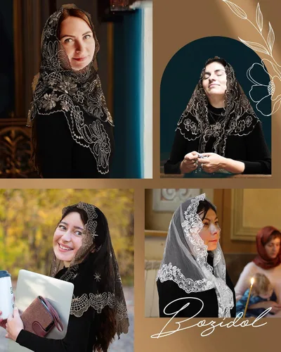 Vista 6 de Bozidol Mantilla triangular con velo de iglesia Cruz de cáliz bordado, velo de misa católica vintage para mujer