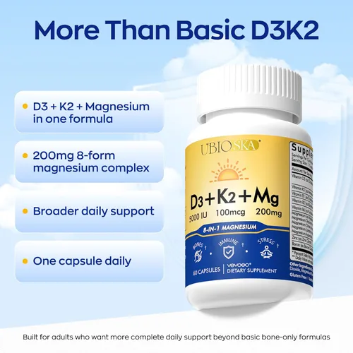 Vista 3 de UBIOSKA Vitamina D3 K2 Suplemento de magnesio – 5000 UI D3 + MK-7 K2 con 8 formas de magnesio (glicinato, taurato, malato) para un sueño tranquilo