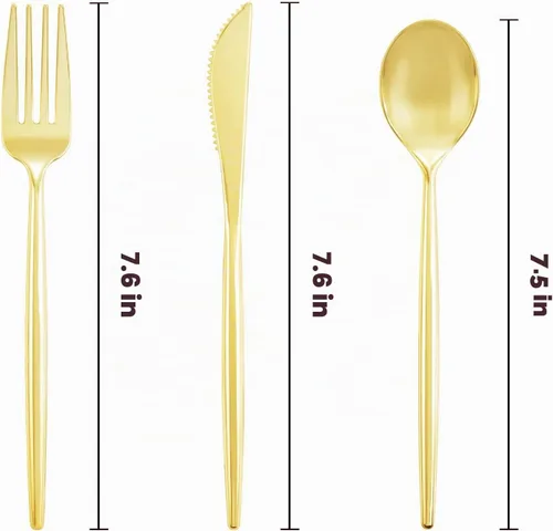 Vista 2 de LIYH - 102 cubiertos de plástico dorado desechables, utensilios de plástico Oro 102
