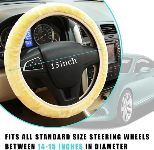Vista 2 de Ziciner Funda elástica mullida para volante, protector suave de 15 pulgadas para el invierno cálido, fundas antideslizantes y esponjosas para Beige