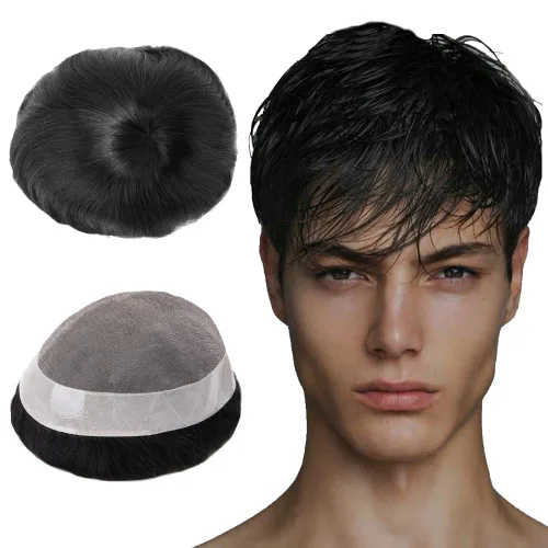 Vista 5 de Lordhair Sistema de cabello para hombres cabello humano real sistema de cabello para hombre fino mono con base de PU para hombre tupé negro 1B # 6 *