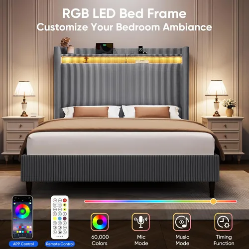 Vista 5 de Base de cama matrimonial con cabecera de 55.3 pulgadas de alto, plataforma tapizada de pana con luces LED y estación de carga, cabecera