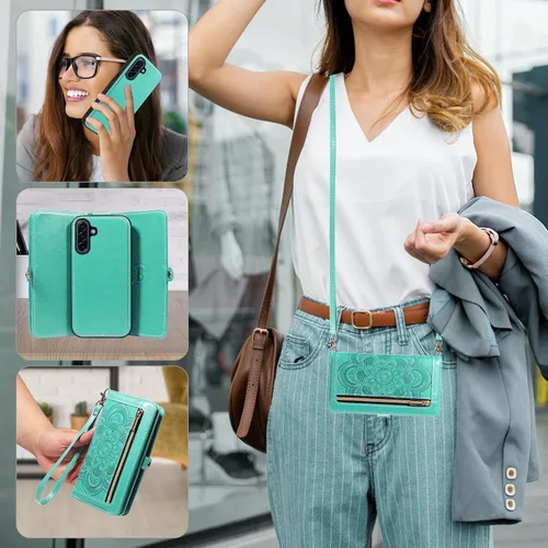 Vista 6 de Asuwish Funda de teléfono para Samsung Galaxy A17 5G con cremallera, funda de celular desmontable con protector de pantalla de vidrio templado Verde