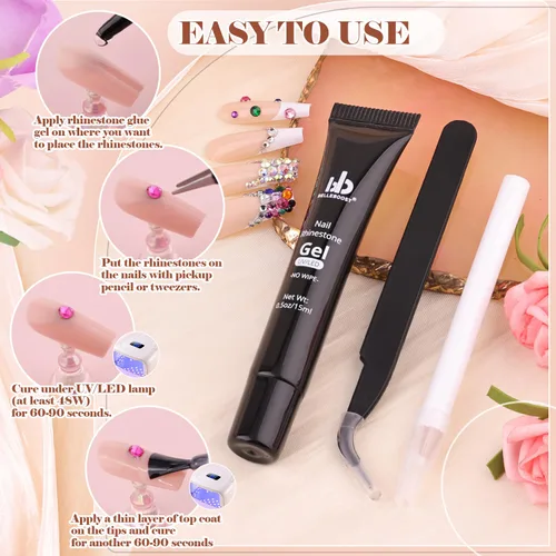 Vista 5 de Kit de pedrería para uñas BELLEBOOST, 15ml de pegamento de gel con strass + gemas coloridas + cristales de vidrio flatback AB y gemas transparentes