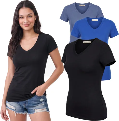 Vista 179 de Emmalise Camiseta de manga corta para mujer, cuello en V, tallas junior y plus