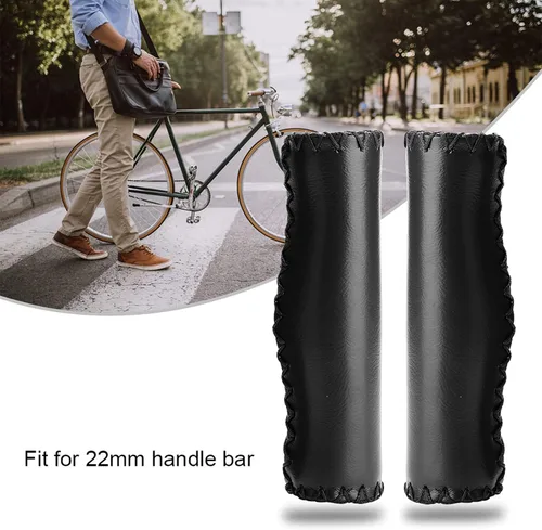 Vista 5 de Puños de bicicleta marrones de cuero marrón para bicicleta, esponja de PU, 1 par cosido a mano Pu bicicleta manillar manillar agarres con enchufe