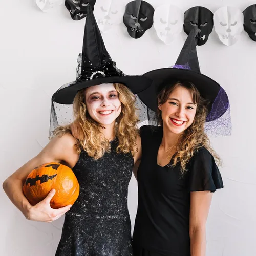 Vista 18 de Zando Sombreros de bruja de encaje para mujer, accesorios de disfraz de Halloween, accesorios de disfraz de bruja plegables para colgar