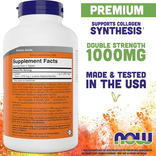 Vista 2 de Now Foods L-Lisina 1000 mg - Doble fuerza - 300 tabletas - Suplemento de aminoácidos sin OMG (clorhidrato de lisina) - Pestañas de 1000 mg